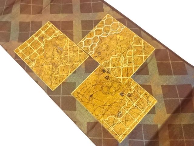 紙布襷に色紙・草花模様織出し袋帯